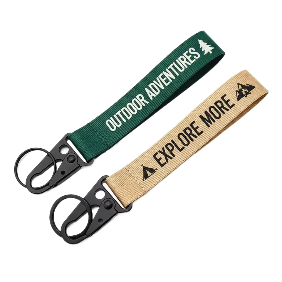 Custom branded lanyard key tags in neutral colors